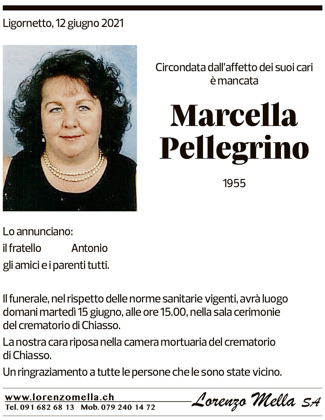 Annuncio funebre Marcella Pellegrino