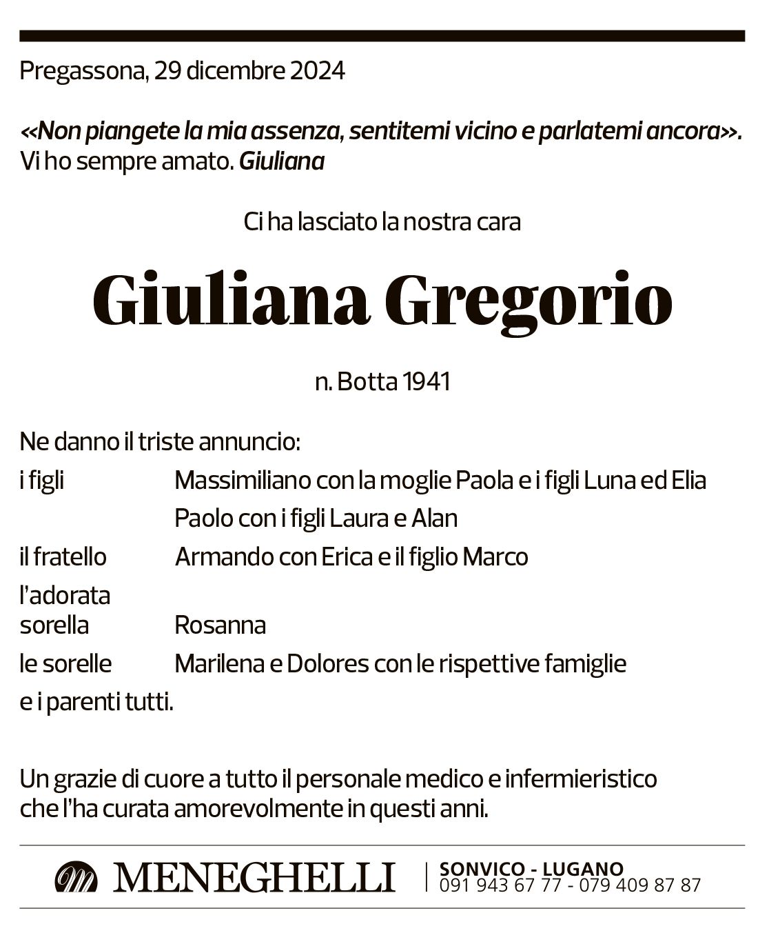 Annuncio funebre Giuliana Gregorio