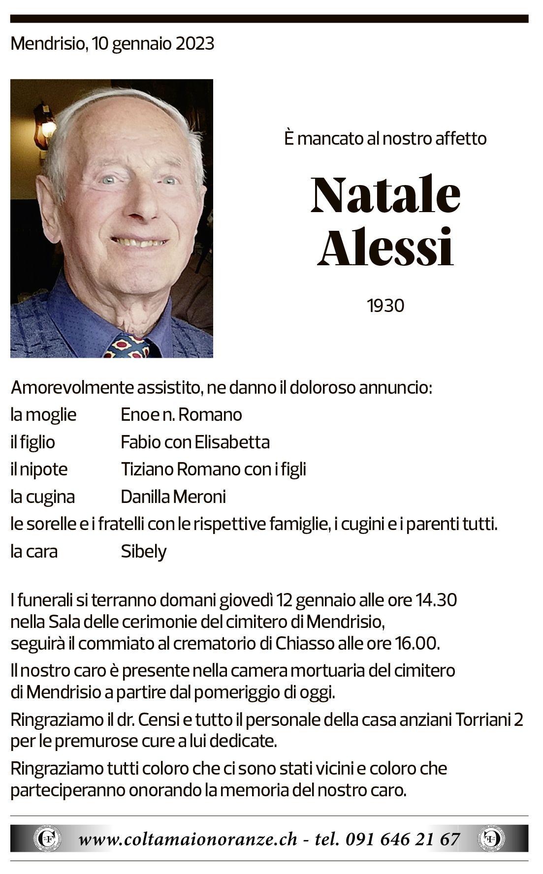 Annuncio funebre Natale Alessi