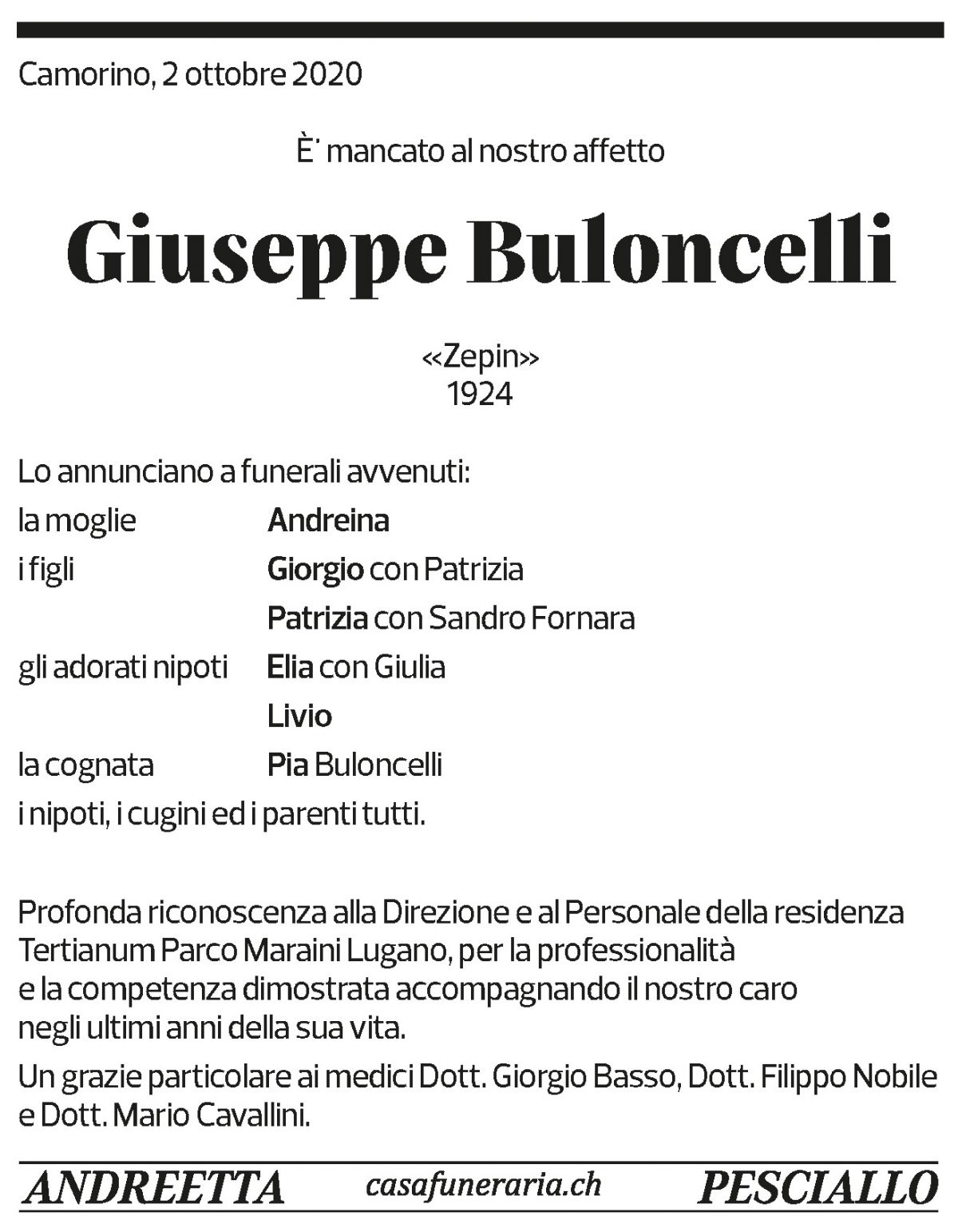 Annuncio funebre Giuseppe Buloncelli