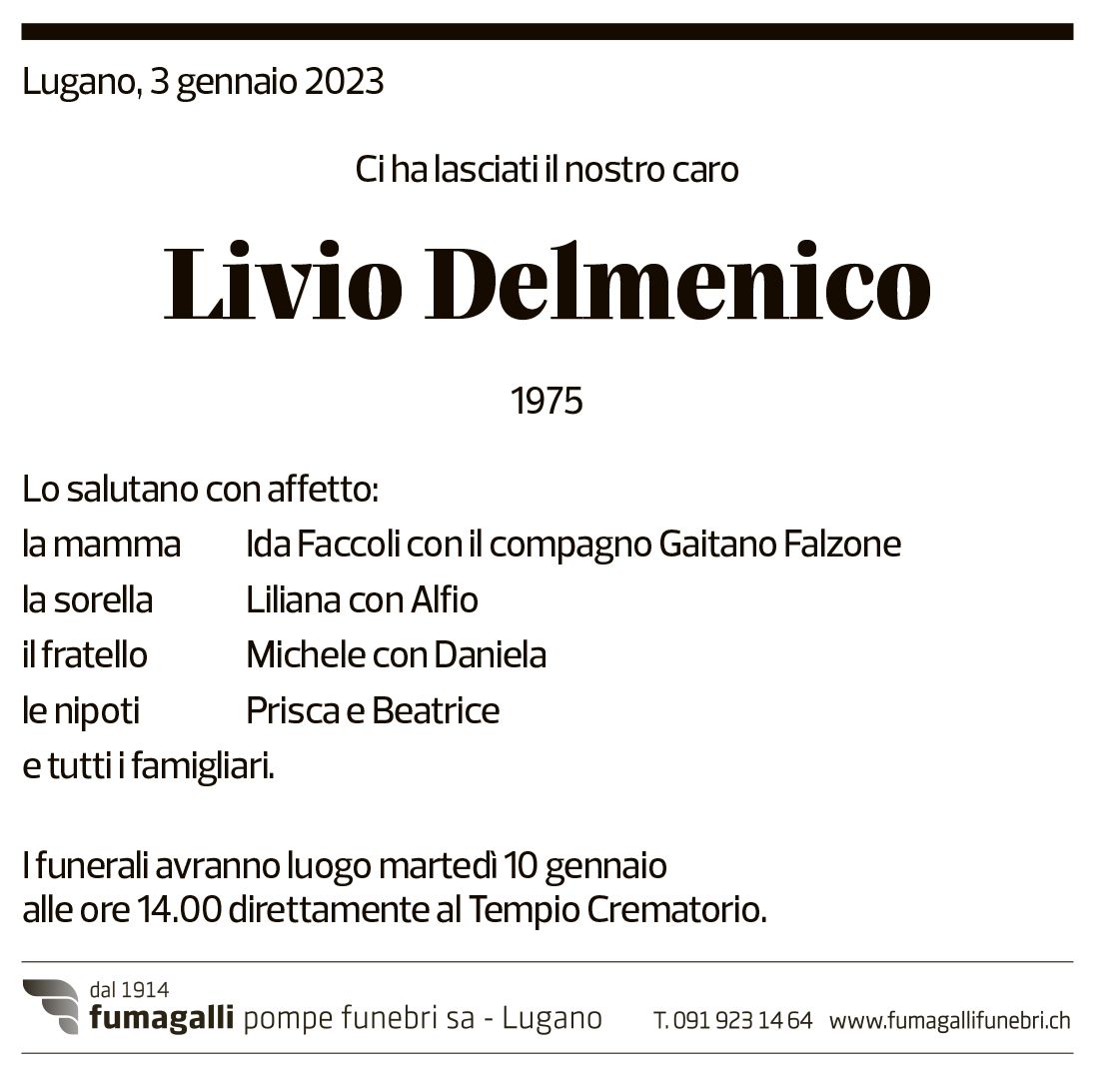 Annuncio funebre Livio Delmenico