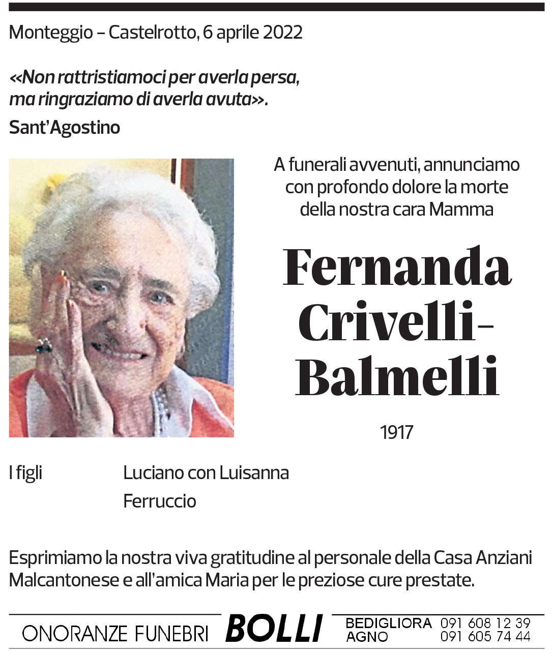 Annuncio funebre Fernanda Crivelli-balmelli