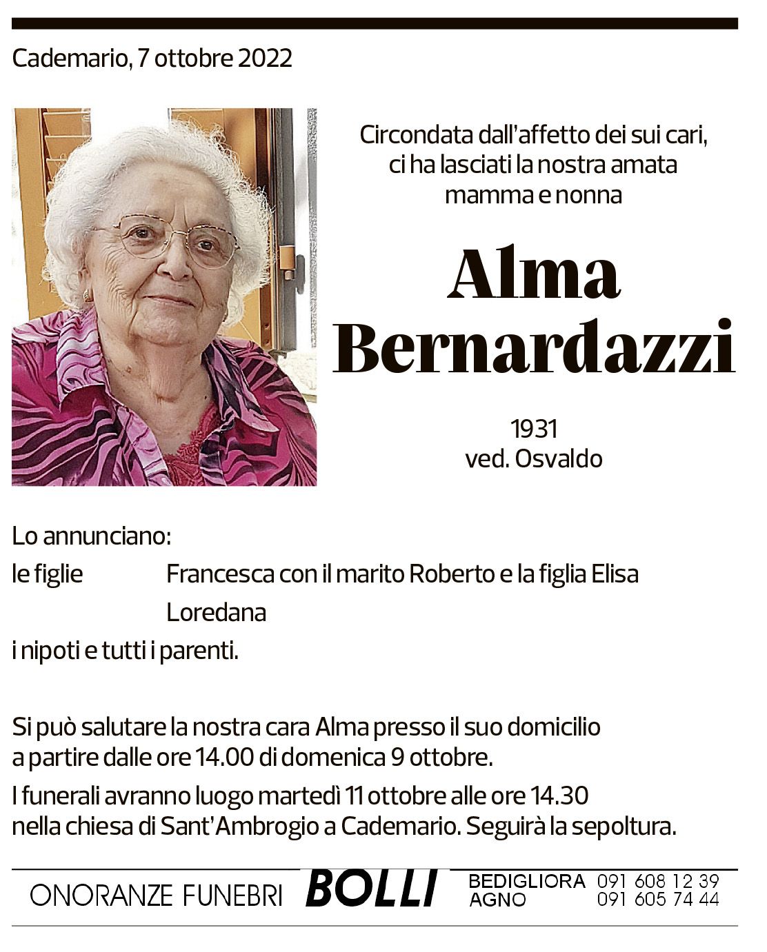 Annuncio funebre Alma Bernardazzi