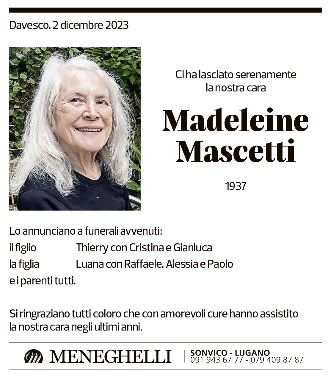 Annuncio funebre Madeleine Mascetti