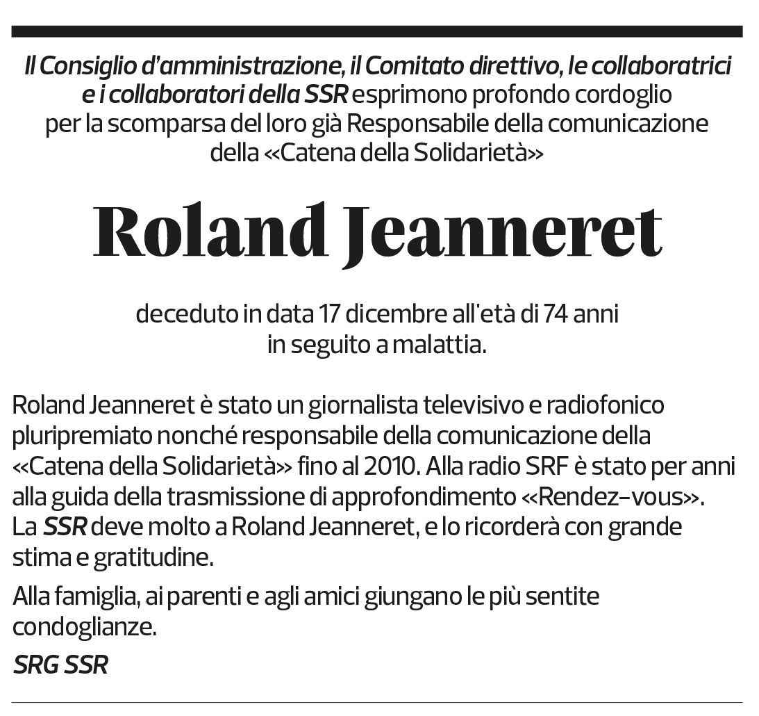 Annuncio funebre Roland Jeanneret