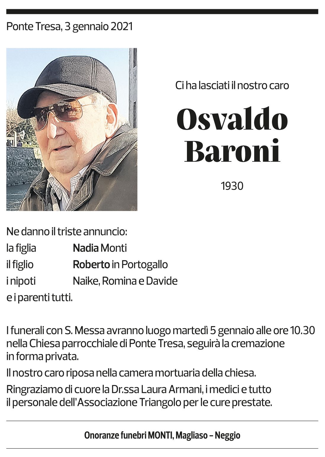 Annuncio funebre Osvaldo Baroni