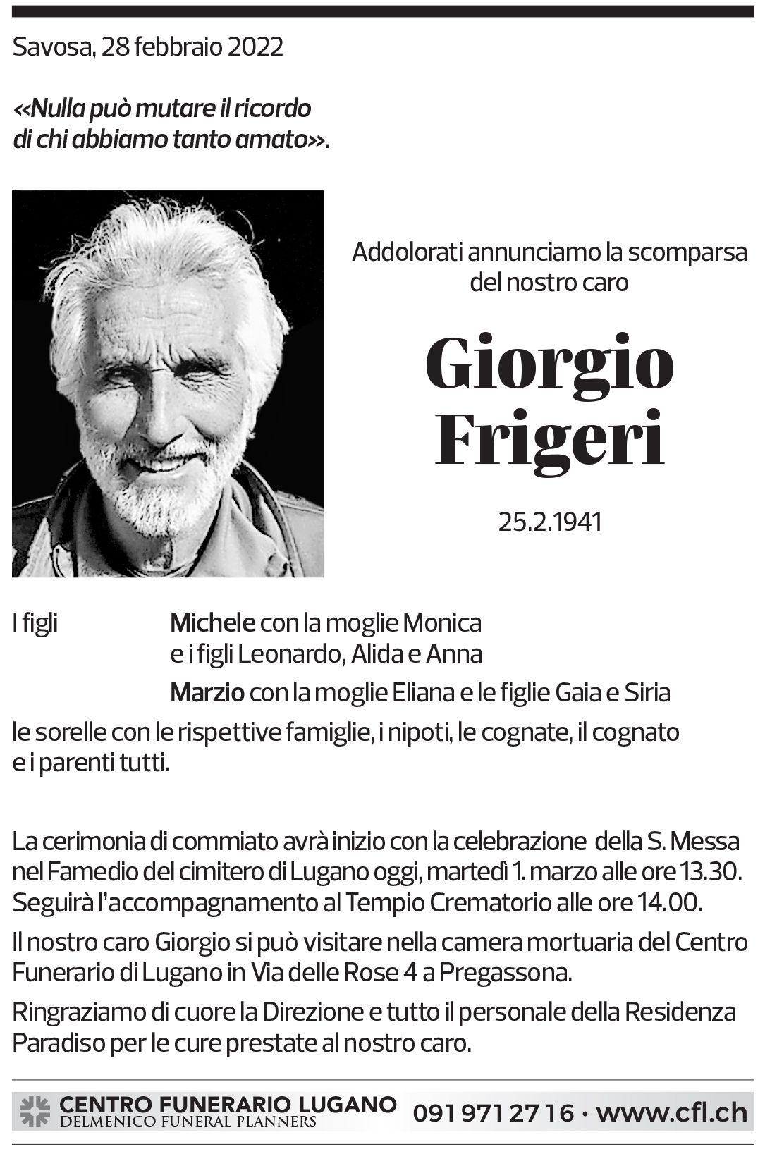 Annuncio funebre Giorgio Frigeri