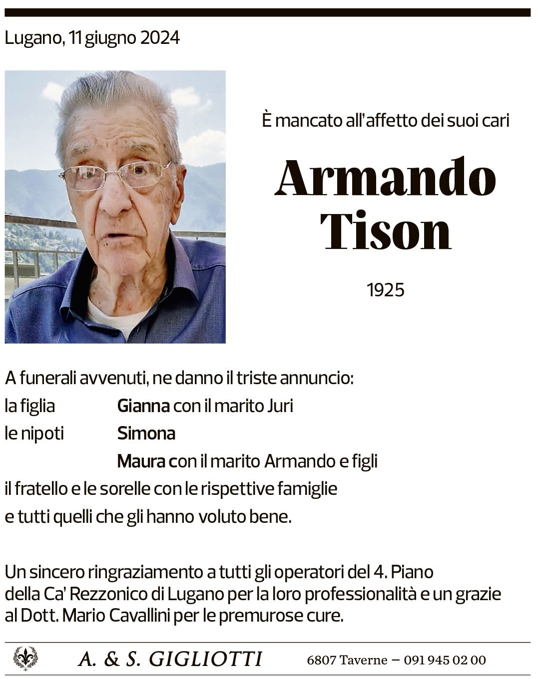 Annuncio funebre Armando Tison