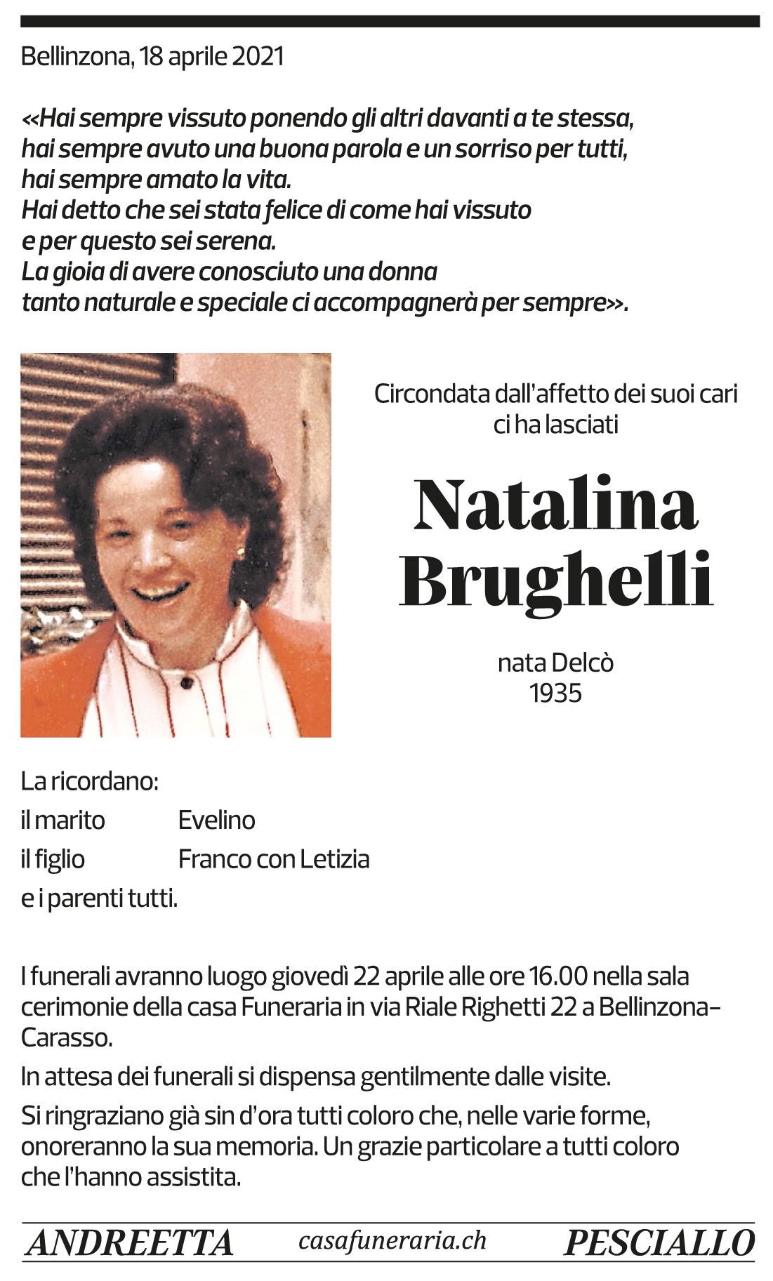 Annuncio funebre Natalia Brughelli