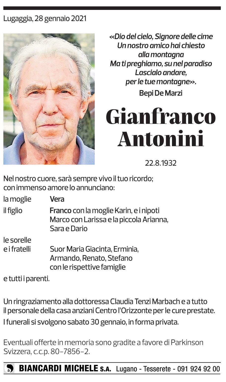 Annuncio funebre Gianfranco Antonini