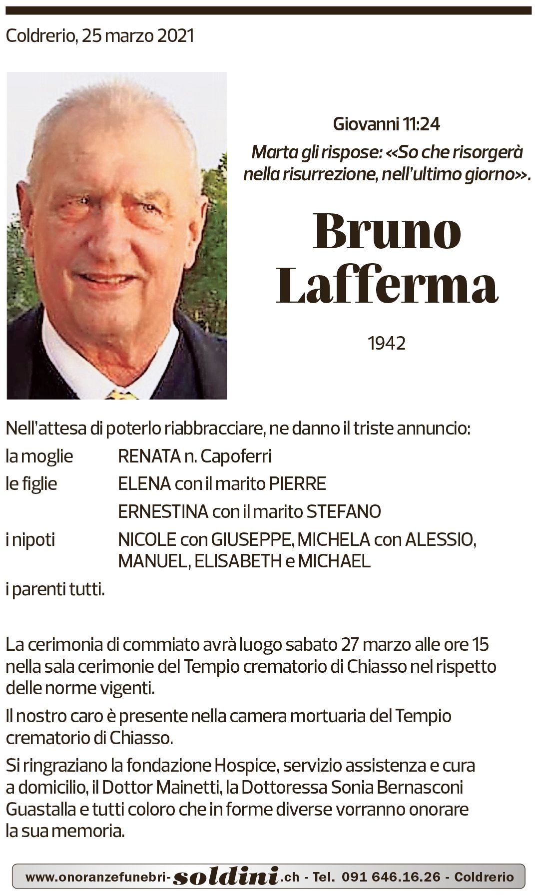 Annuncio funebre Bruno Lafferma