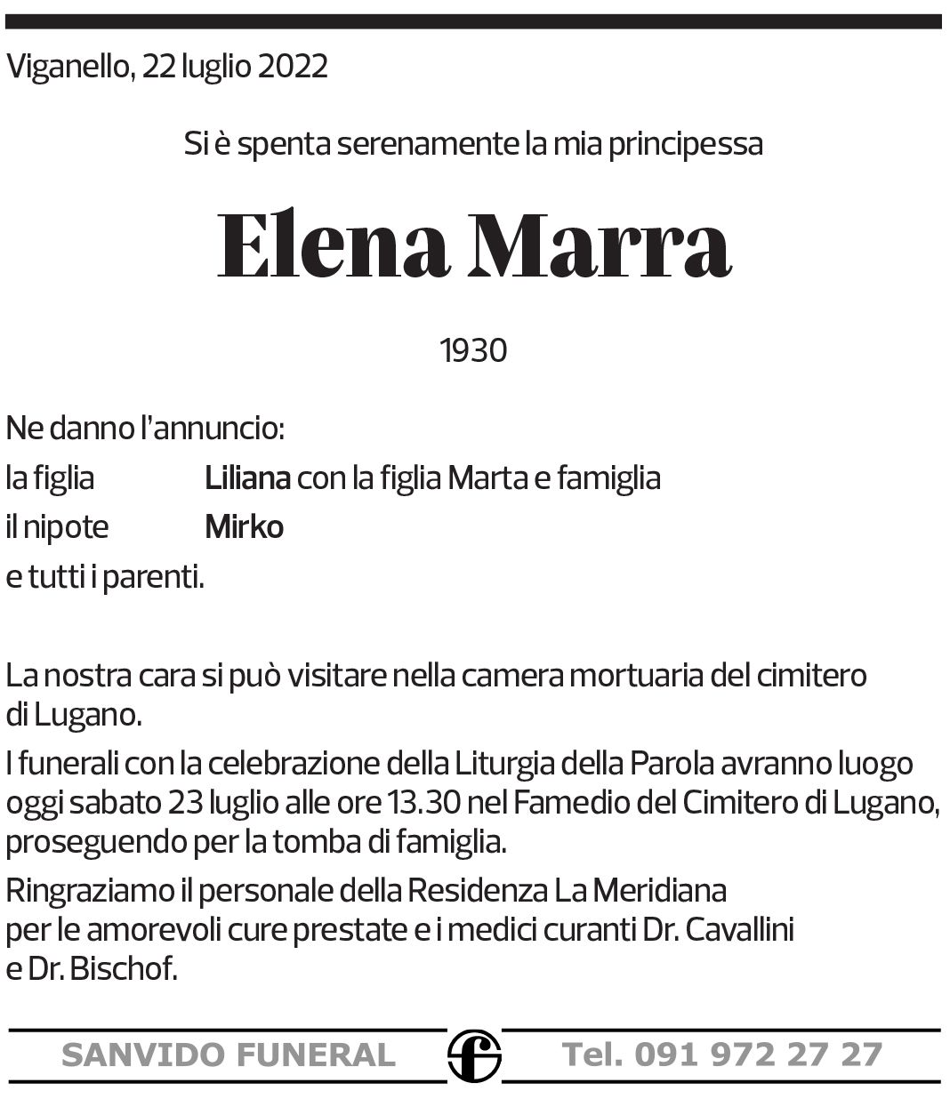 Annuncio funebre Elena Marra