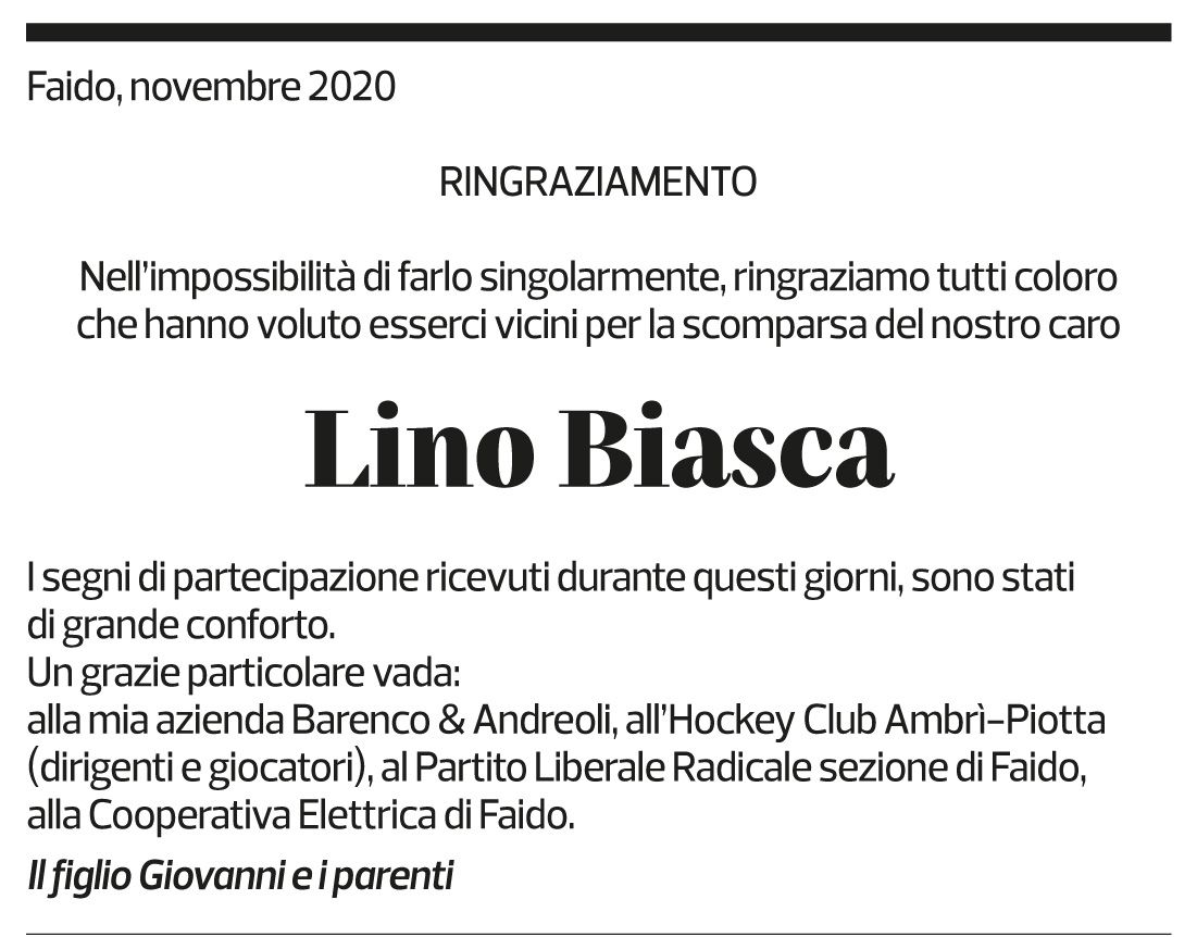 Annuncio funebre Lino Biasca