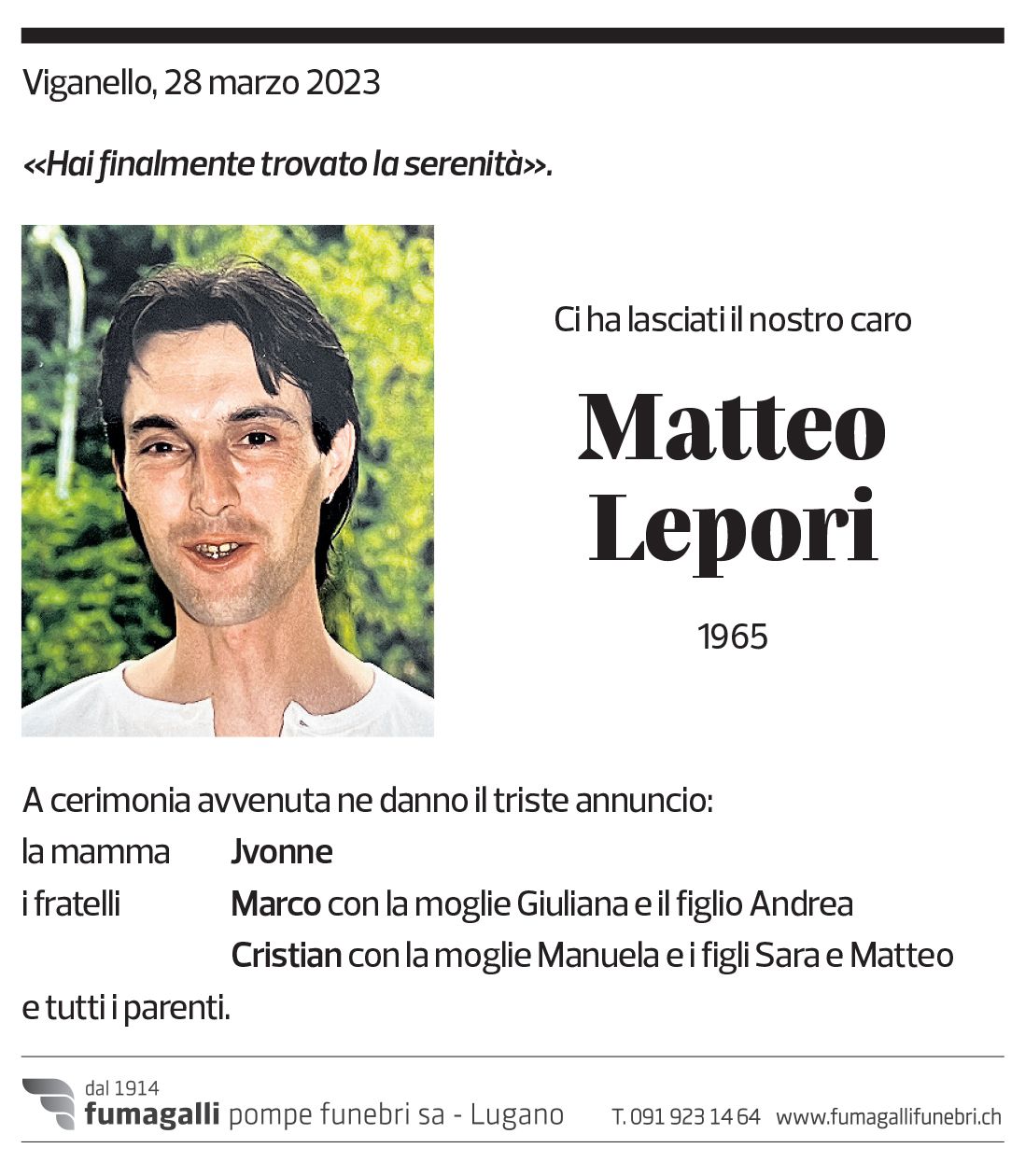 Annuncio funebre Matteo Lepori