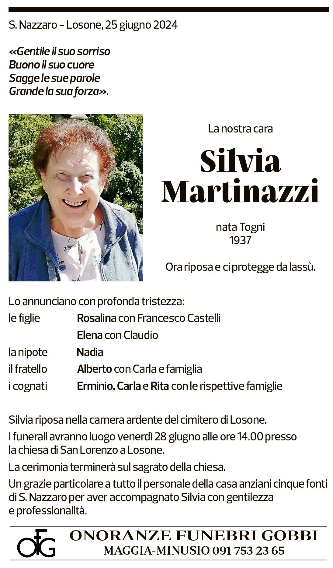 Annuncio funebre Silvia Martinazzi