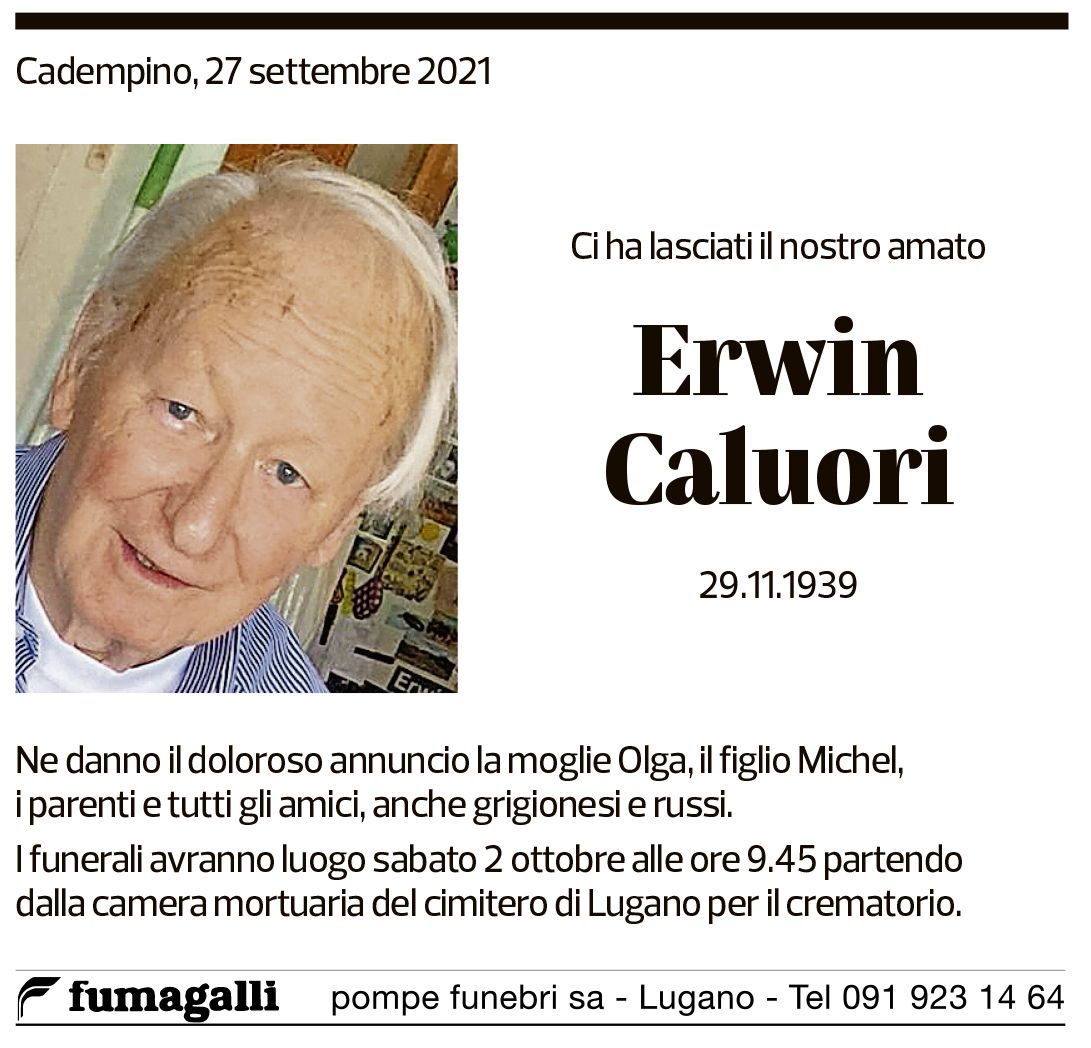 Annuncio funebre Erwin Caluori