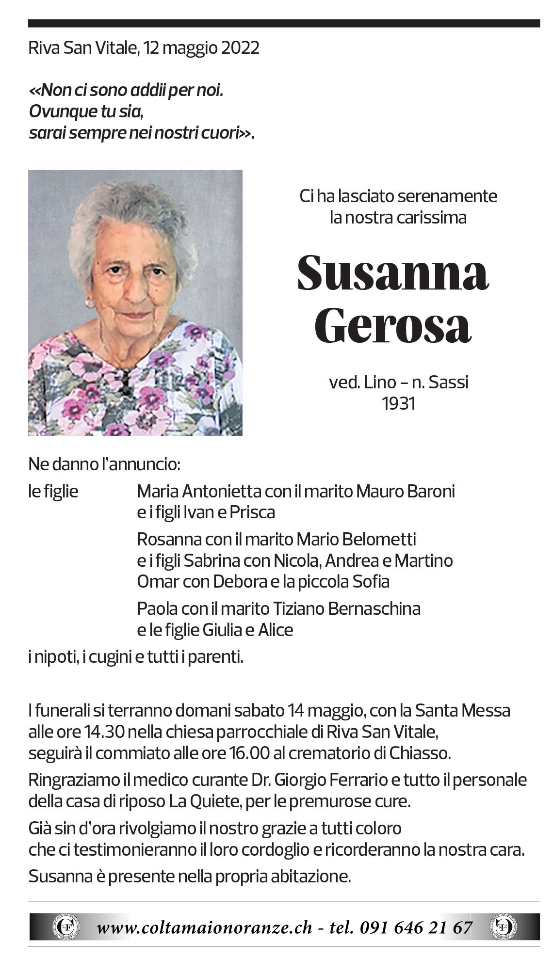 Annuncio funebre Susanna Gerosa