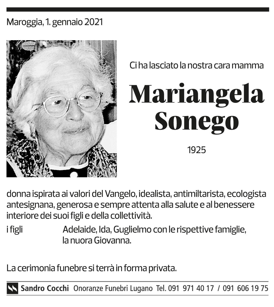Annuncio funebre Mariangela Sonego