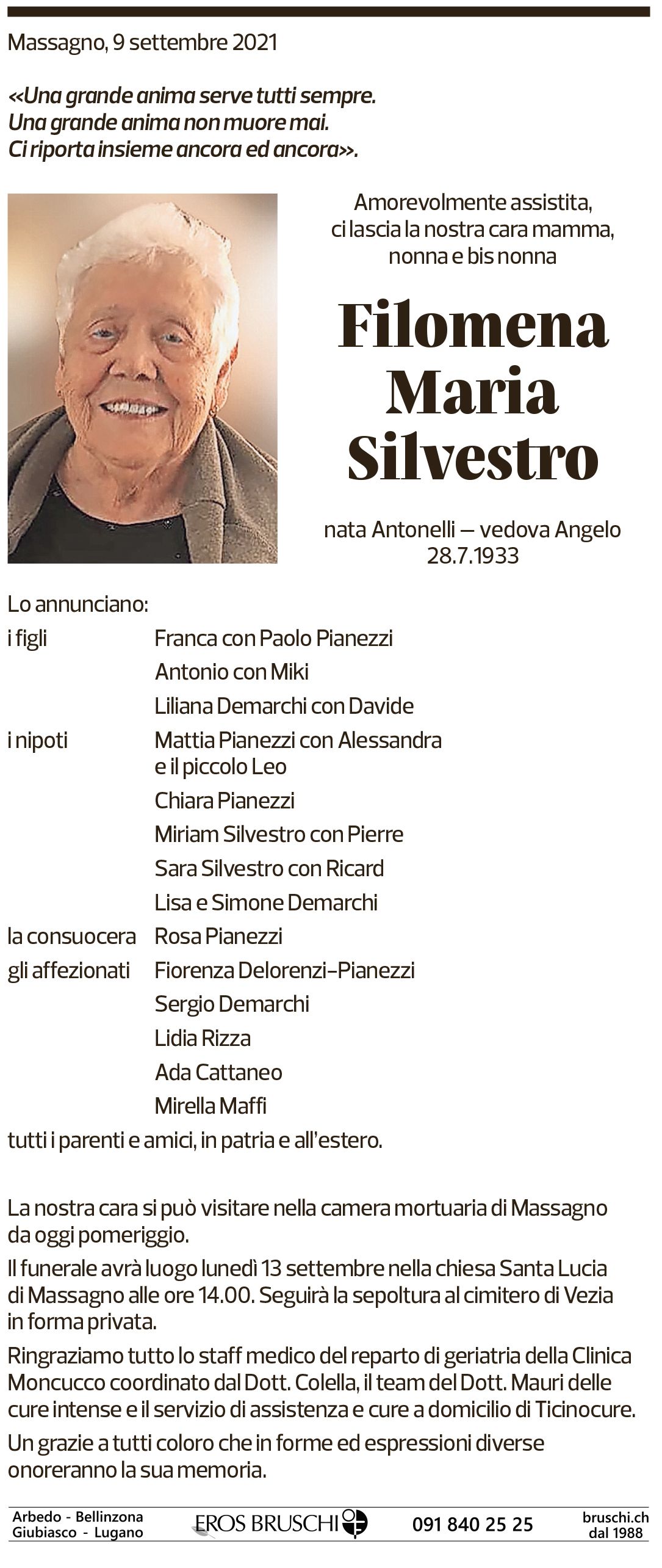 Annuncio funebre Filomena Maria Silvestro