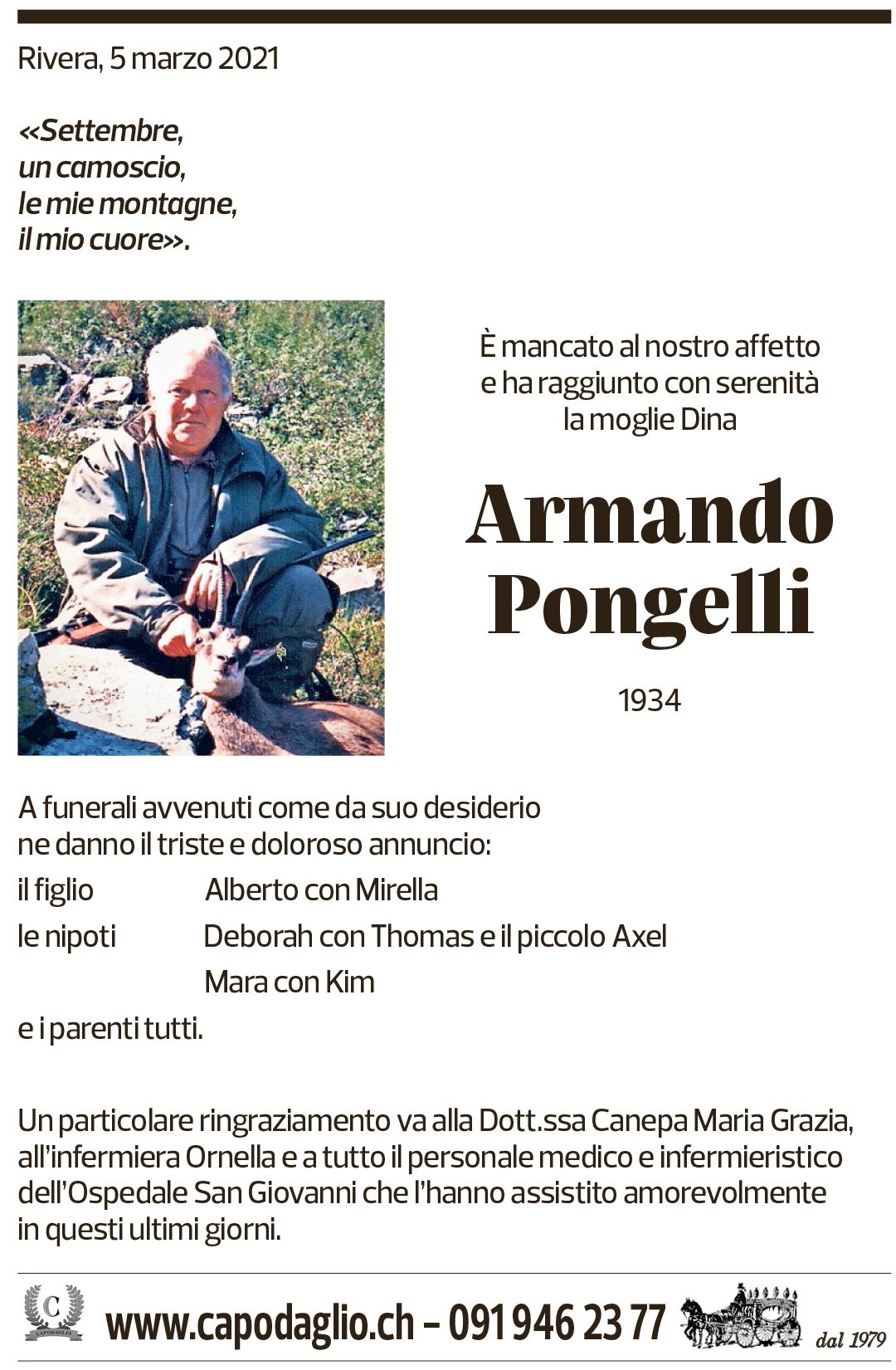 Annuncio funebre Armando Pongelli