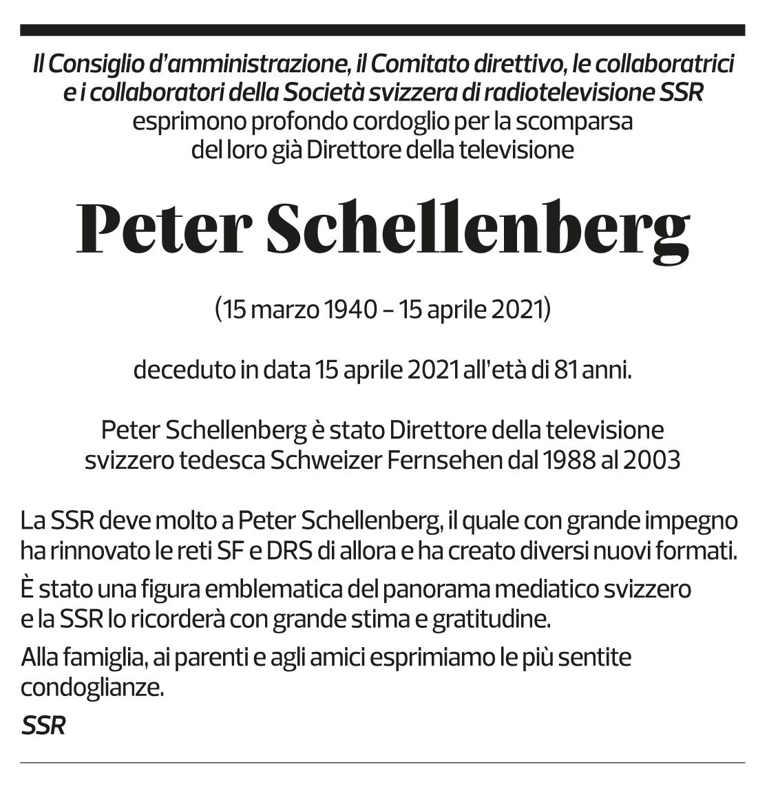 Annuncio funebre Peter Schellenberg