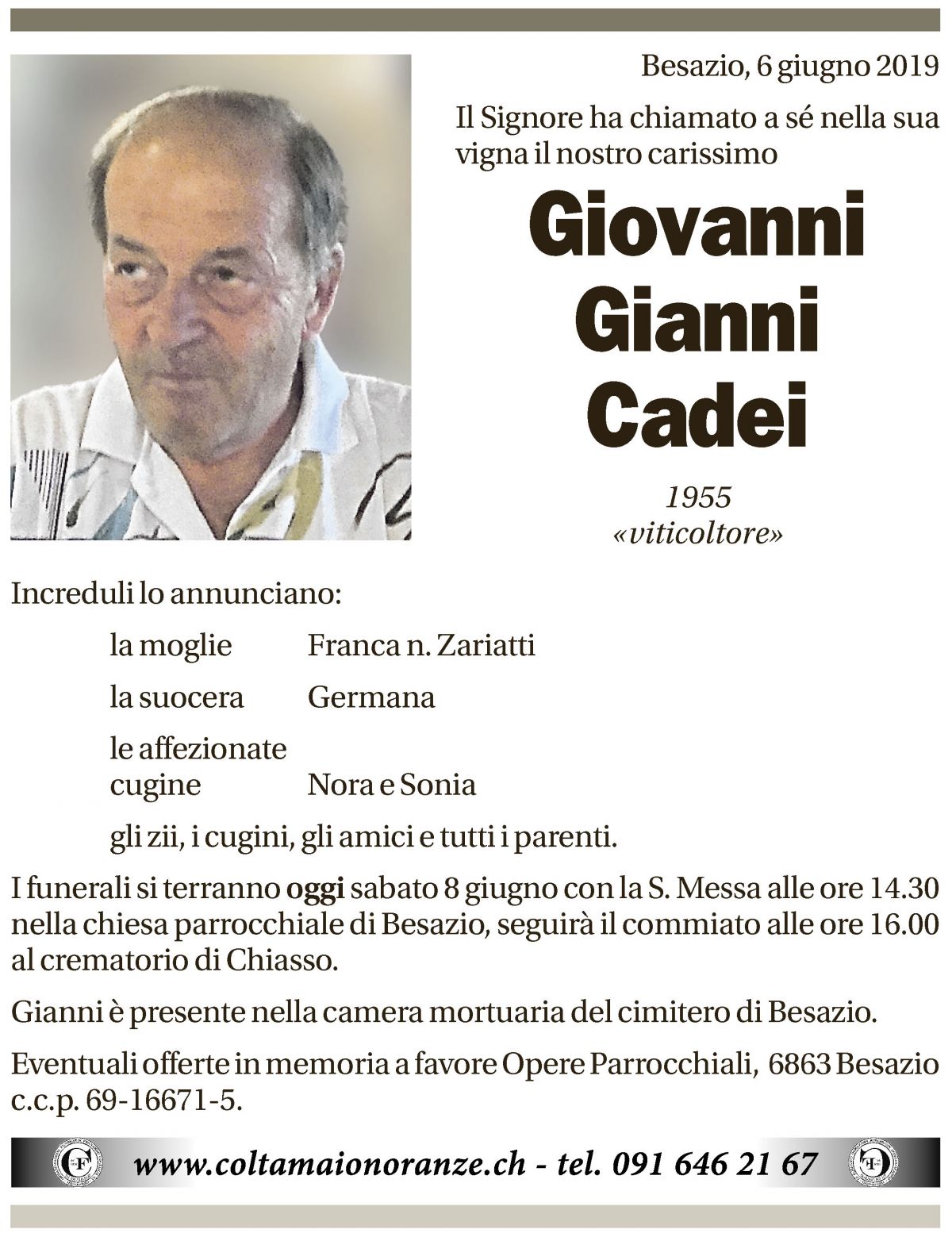 Annuncio funebre Giovanni Gianni Cadei