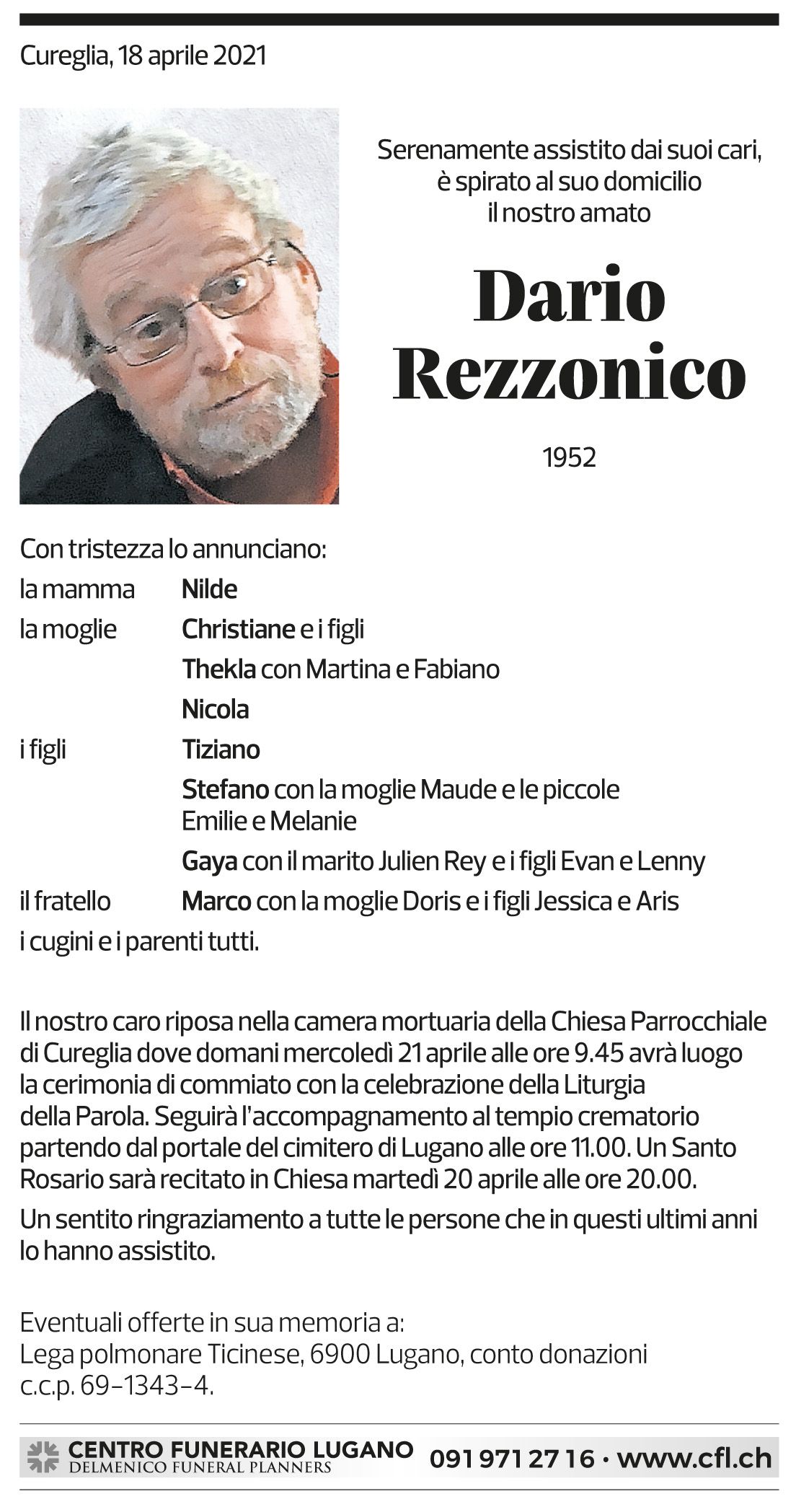 Annuncio funebre Dario Rezzonico