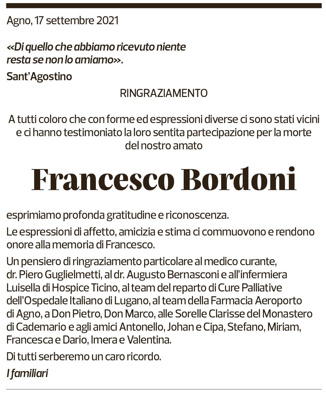 Annuncio funebre Francesco Bordoni