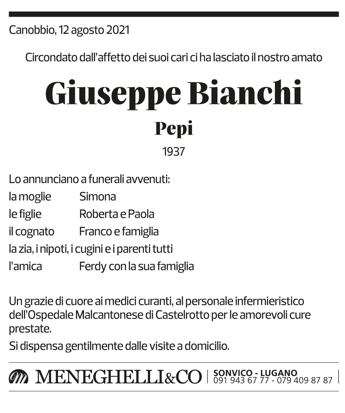 Annuncio funebre Giuseppe Bianchi