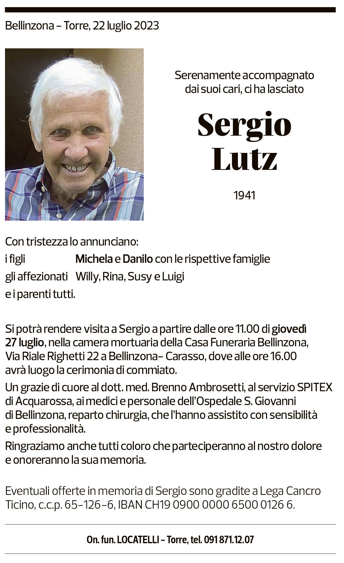 Annuncio funebre Sergio Lutz