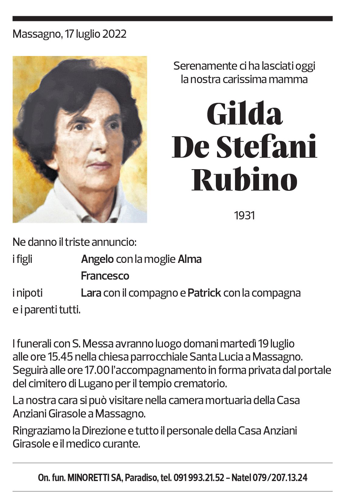 Annuncio funebre Gilda De Stefani Rubino