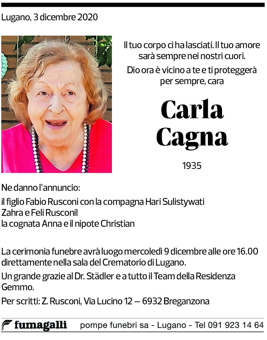 Annuncio funebre Carla Cagna