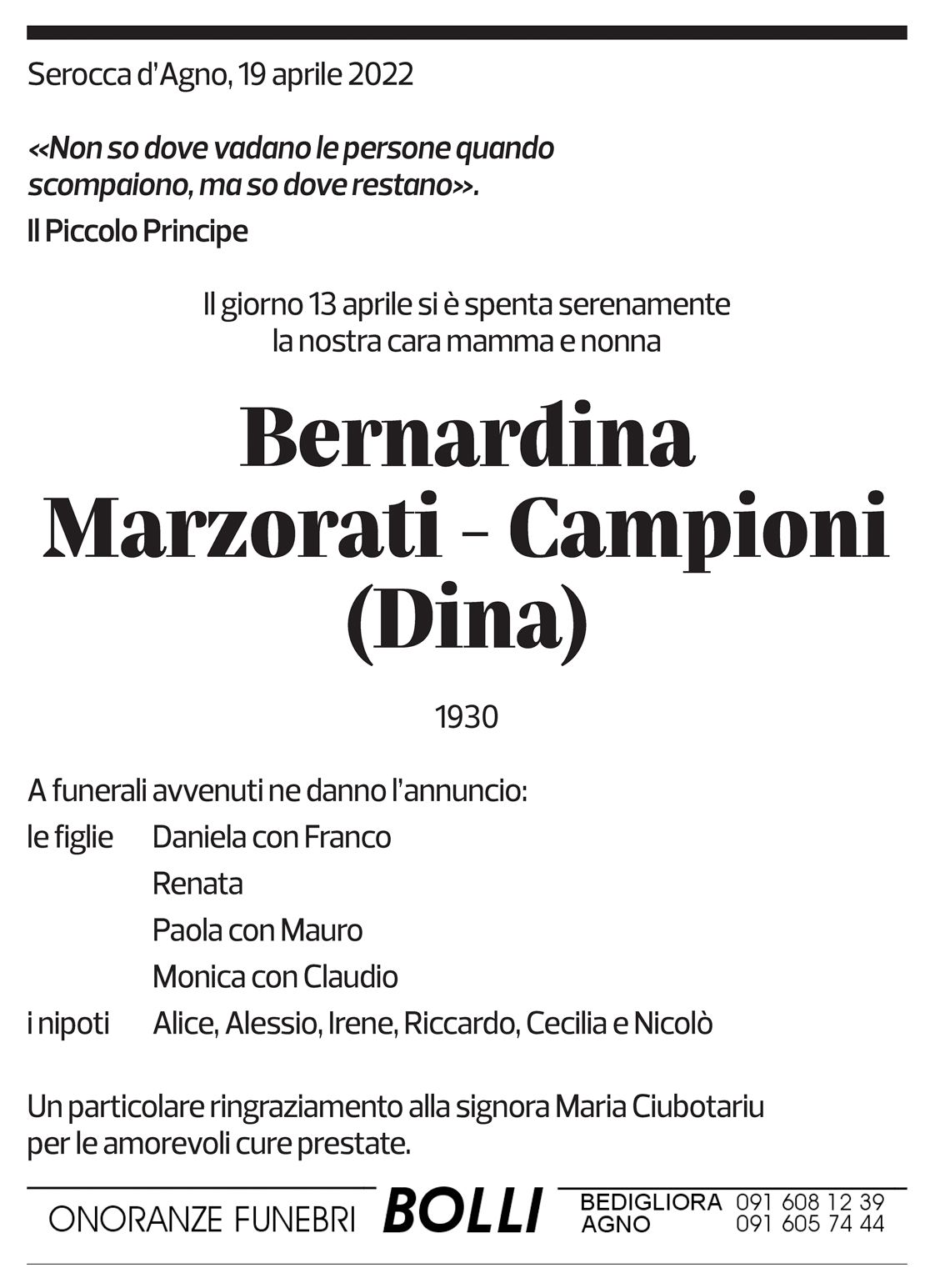 Annuncio funebre Bernardina Marzorati - Campioni