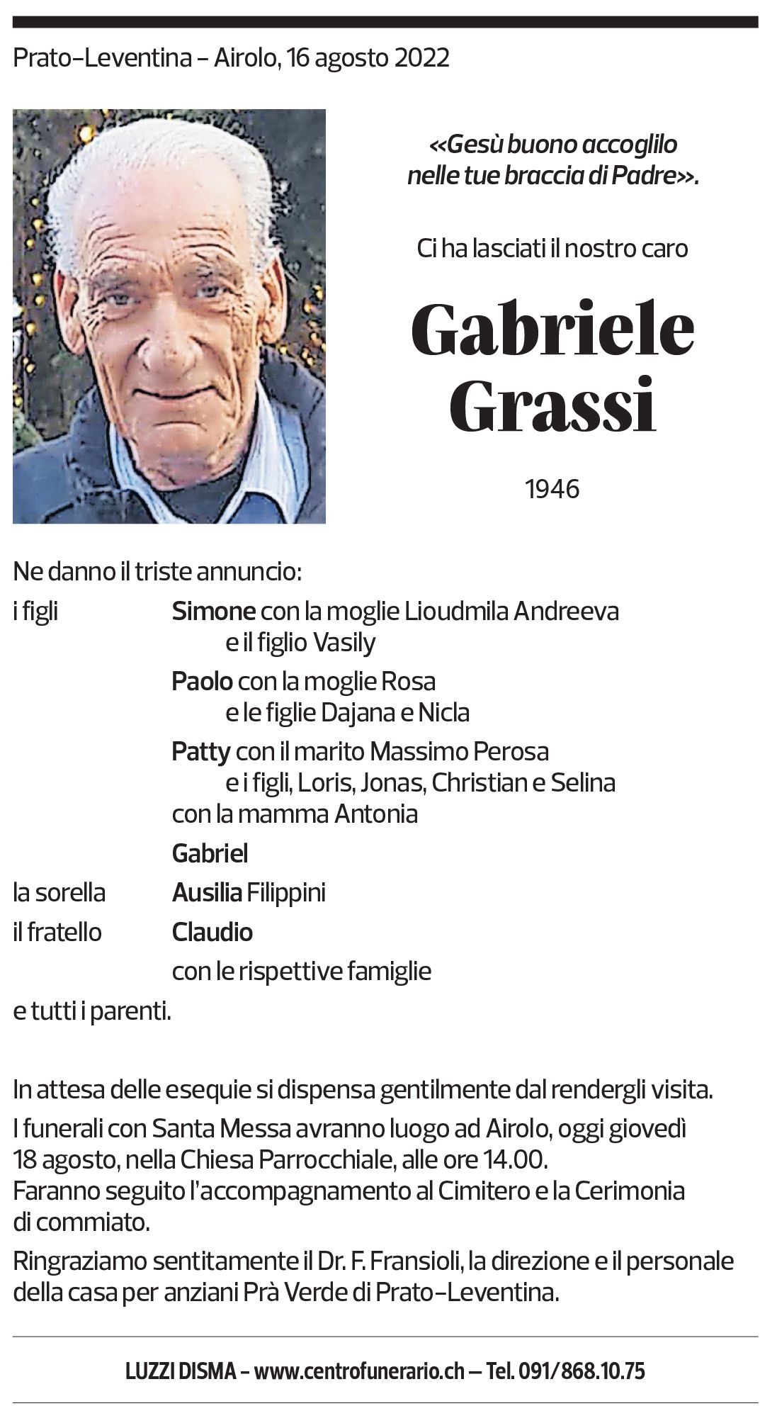 Annuncio funebre Gabriele Grassi