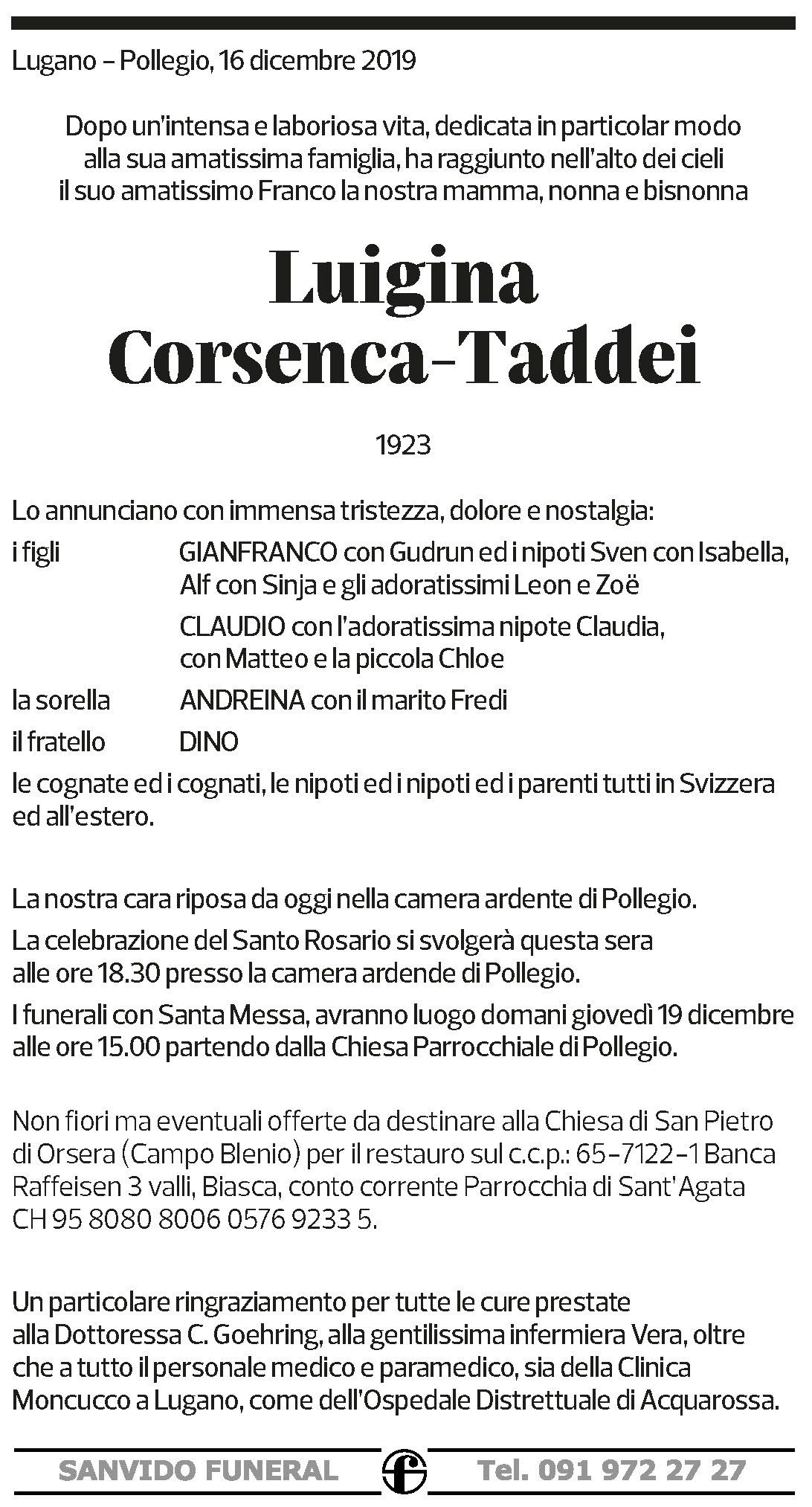 Annuncio funebre Luigina Corsenca-taddei