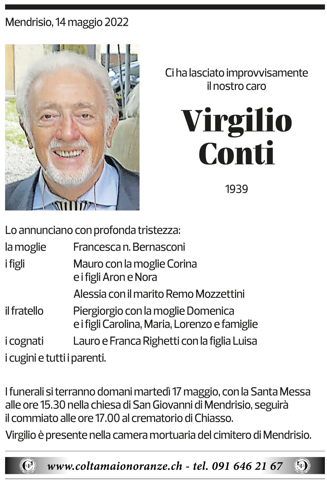 Annuncio funebre Virgilio Conti