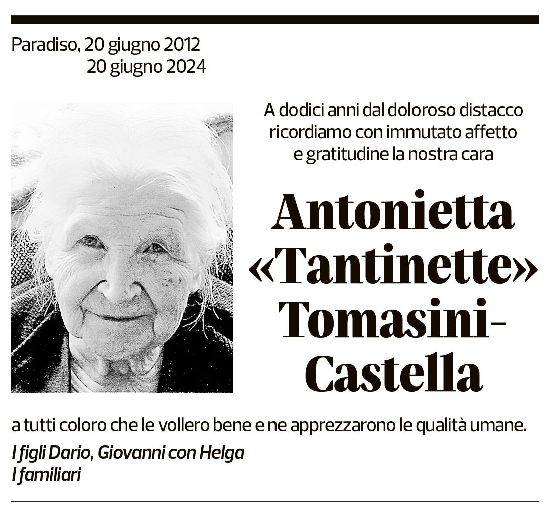 Annuncio funebre Antonietta Tomasini-castella