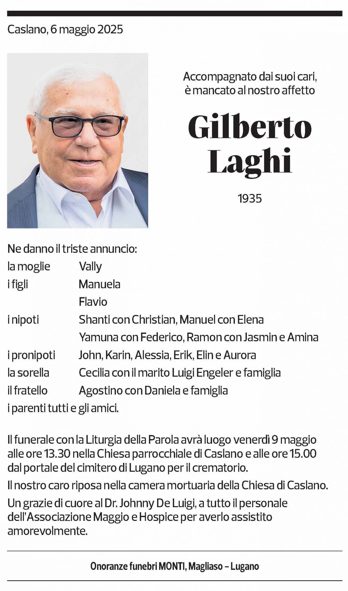 Annuncio funebre Gilberto Laghi