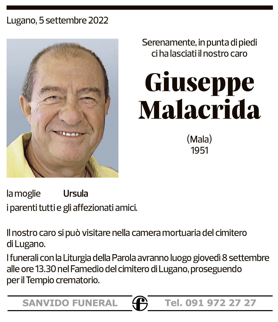 Annuncio funebre Giuseppe Malacrida