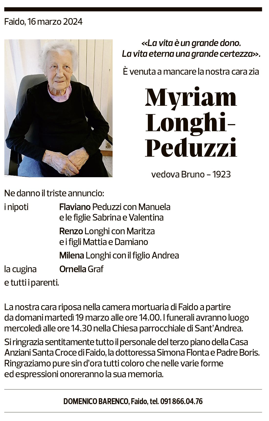 Annuncio funebre Myriam Longhi-peduzzi