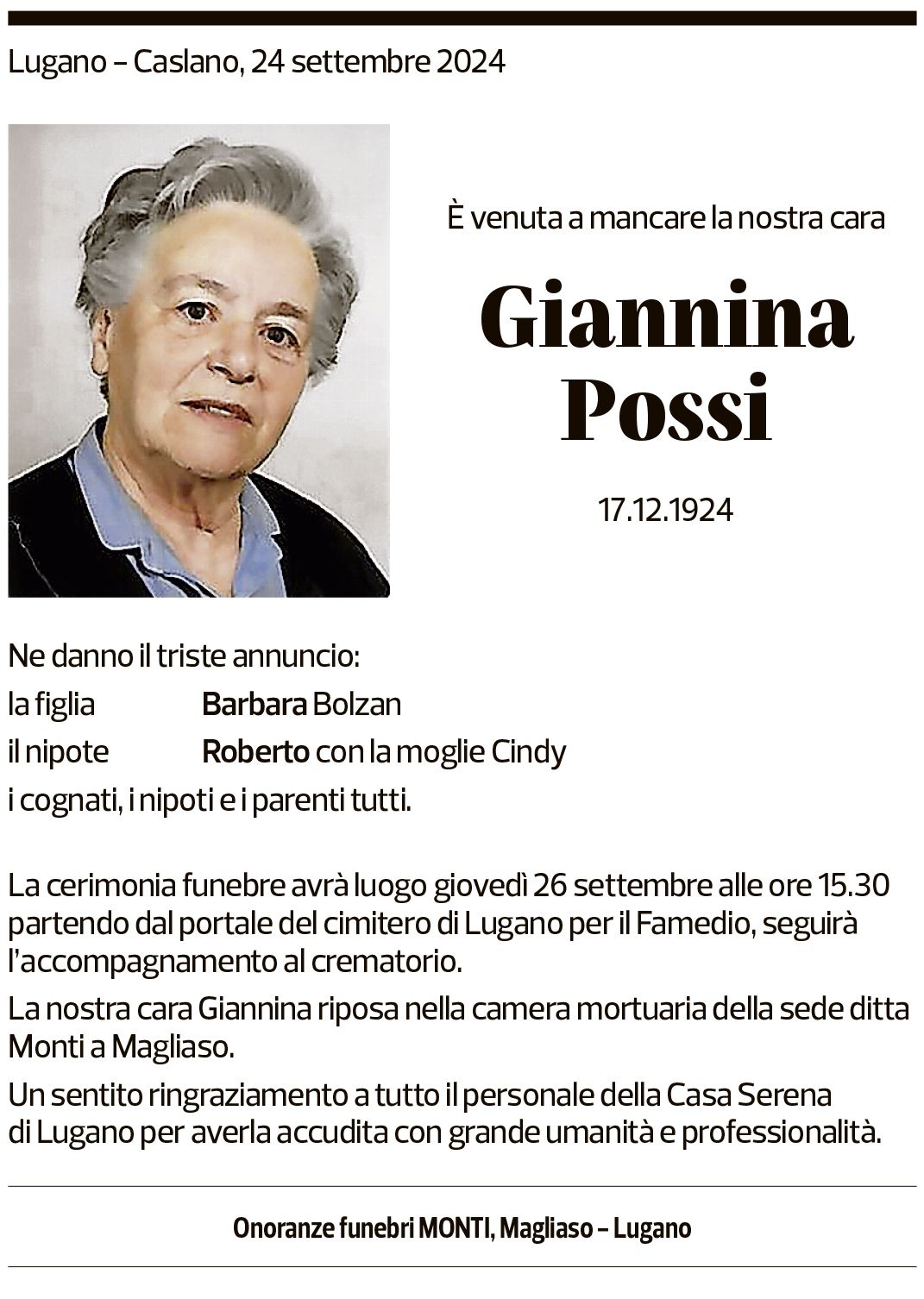 Annuncio funebre Giannina Possi