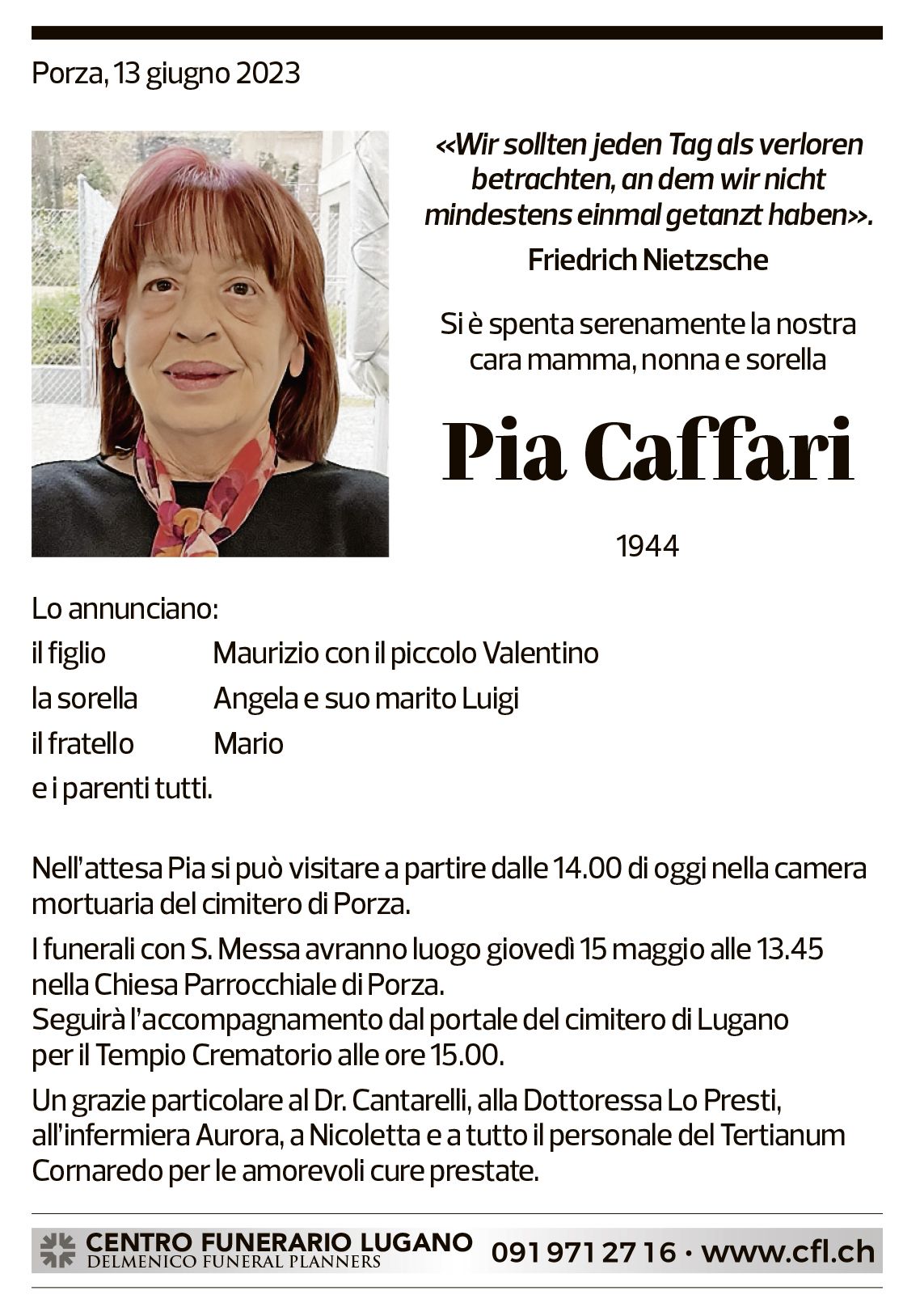 Annuncio funebre Pia Caffari