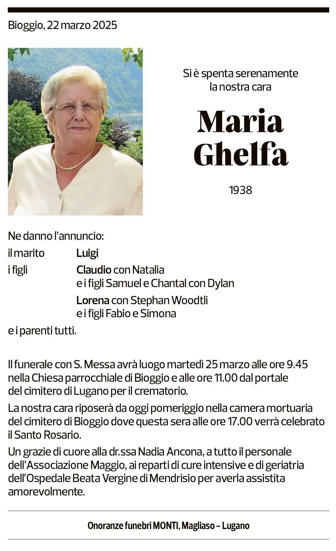 Annuncio funebre Maria Ghelfa