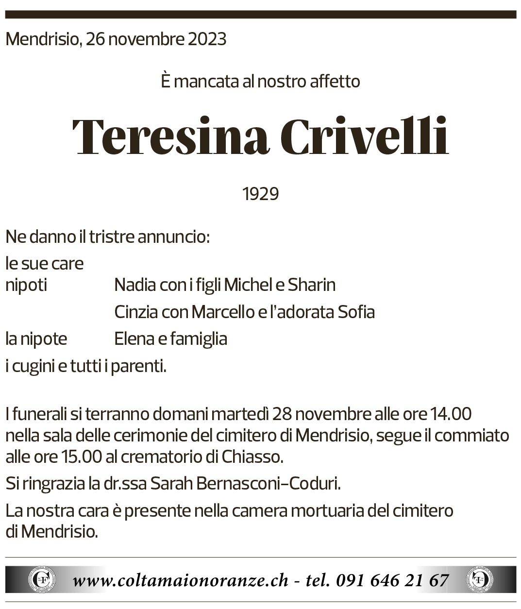 Annuncio funebre Teresina Crivelli