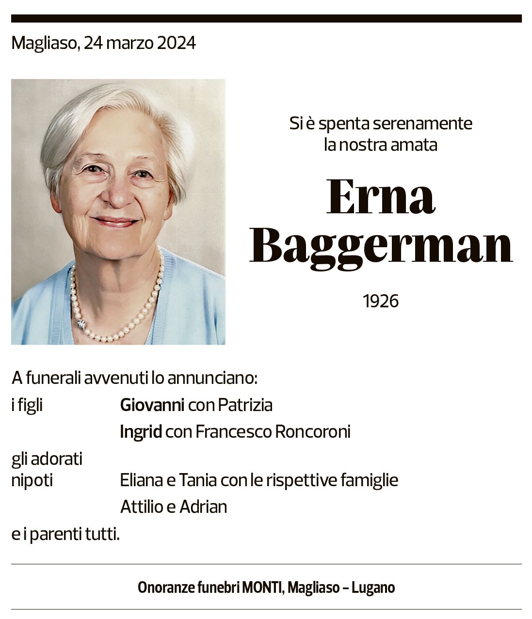 Annuncio funebre Erna Baggerman