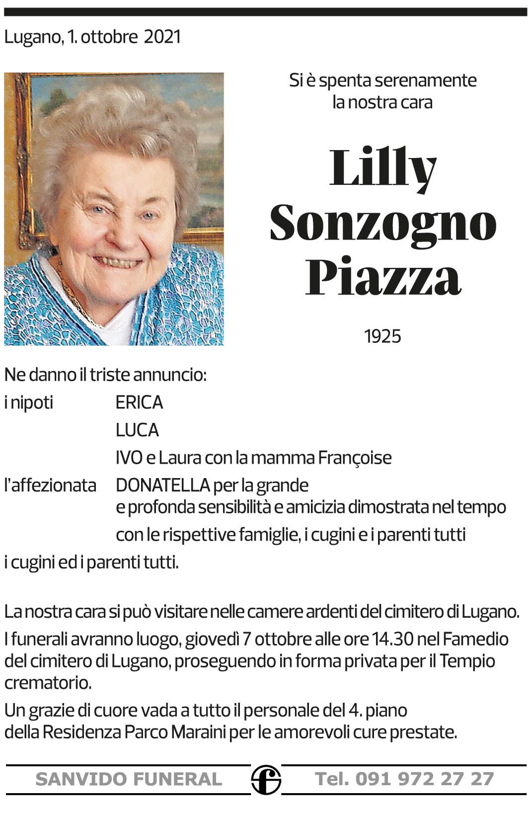 Annuncio funebre Lilly Sonzogno Piazza