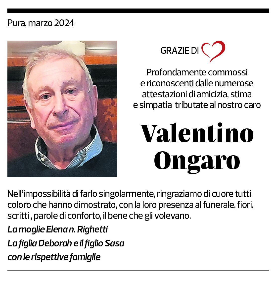 Annuncio funebre Valentino Ongaro