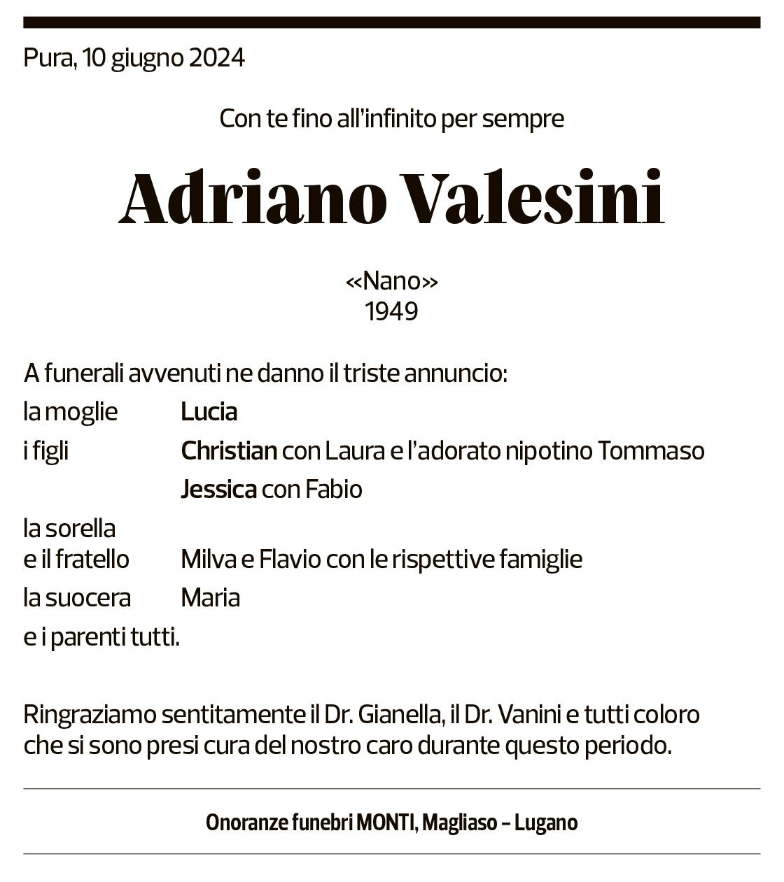 Annuncio funebre Adriano Valesini