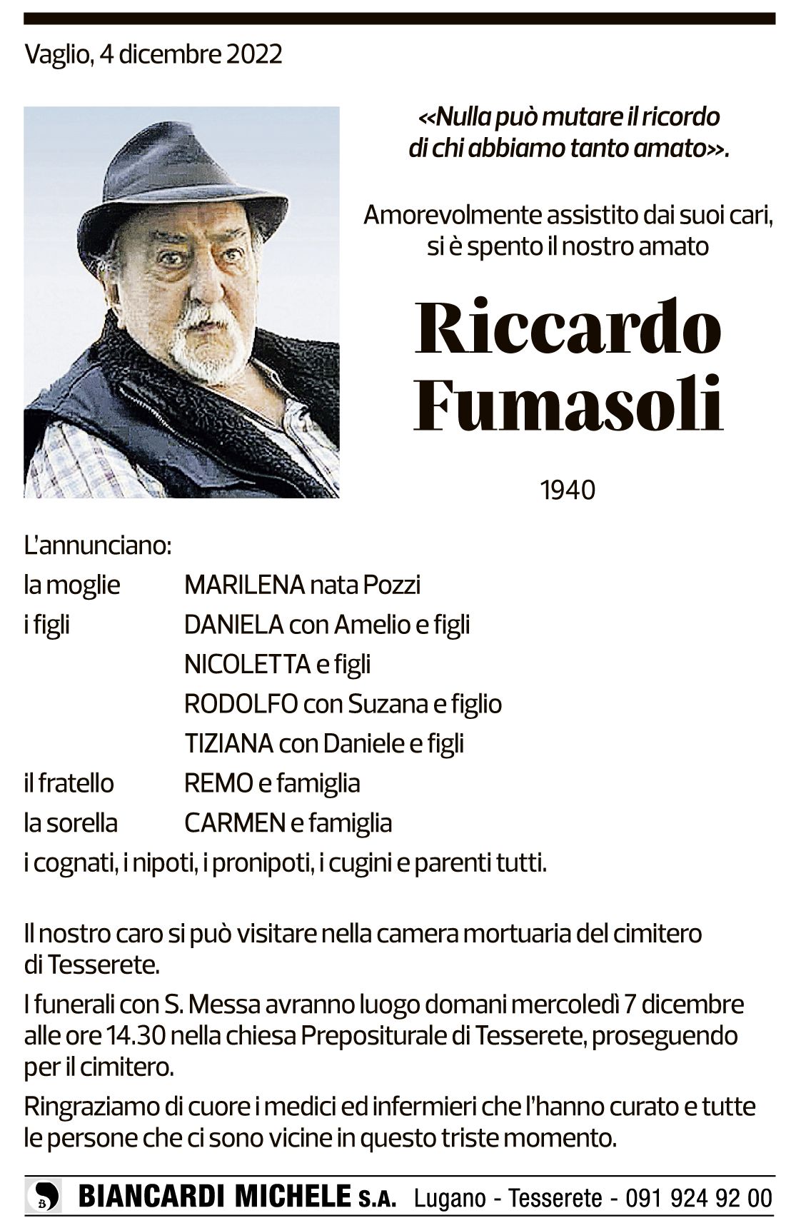 Annuncio funebre Riccardo Fumasoli