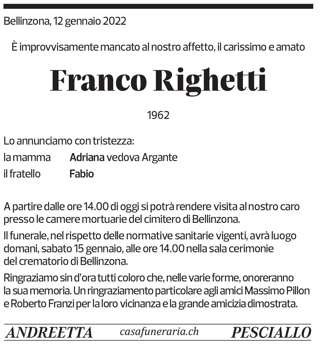 Annuncio funebre Franco Righetti